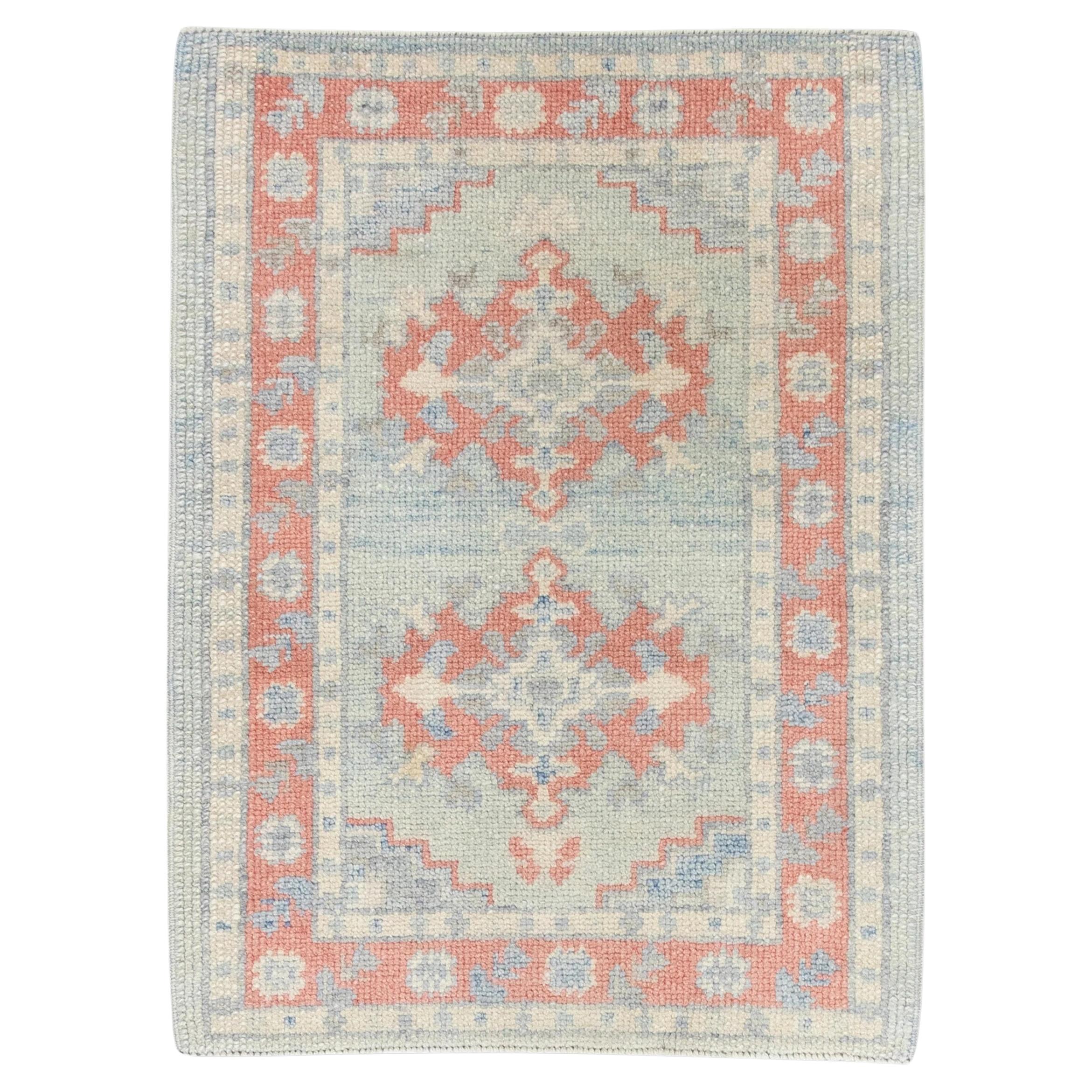 Geometric Design Handwoven Wool Turkish Oushak Rug in Blue and Pink 2'4" x 3'2"