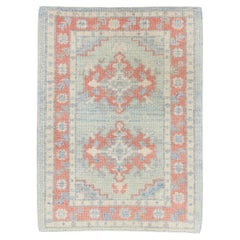 Geometric Design Handwoven Wool Turkish Oushak Rug in Blue and Pink 2'4" x 3'2"