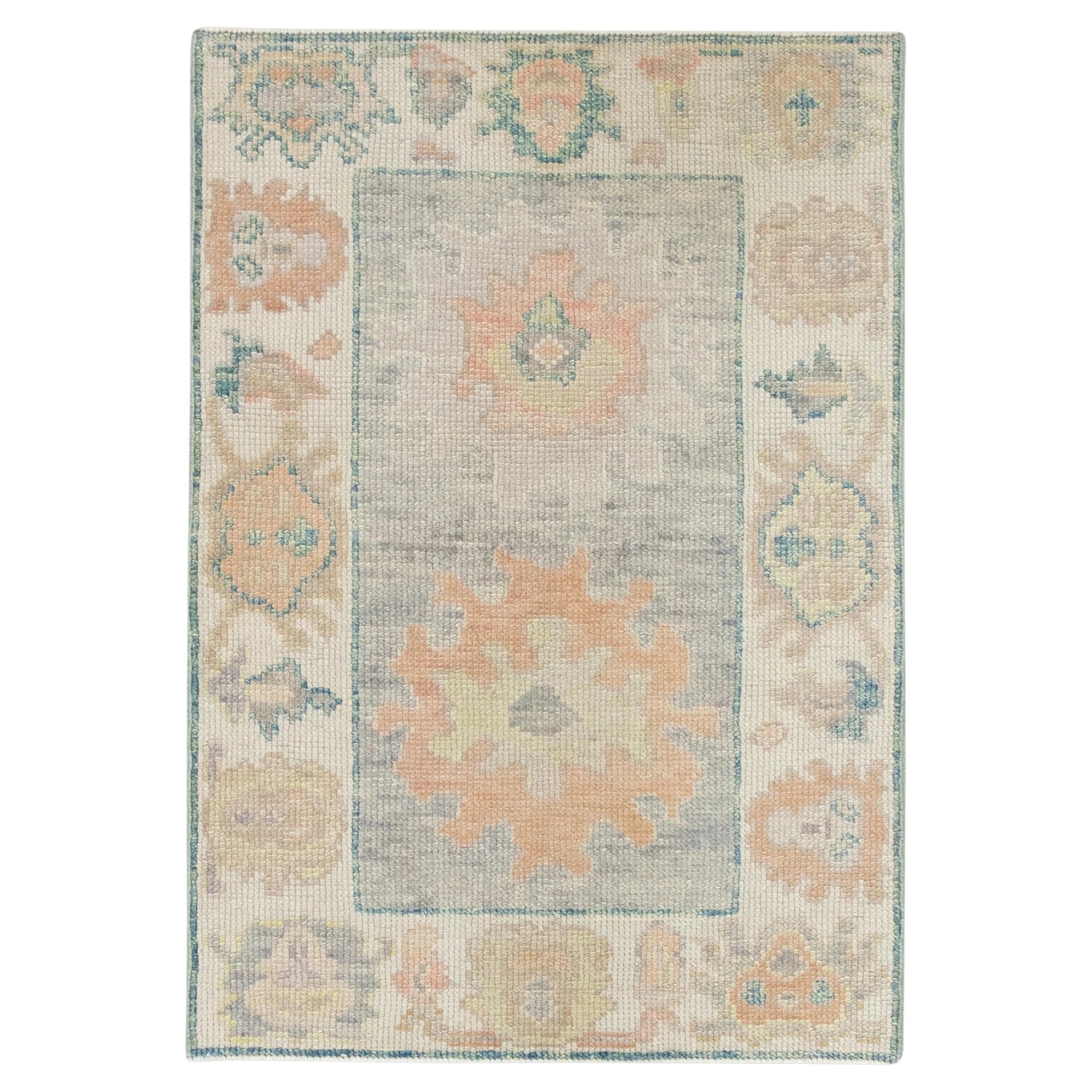 Orange and Green Floral Design Handwoven Wool Turkish Oushak Rug 2'1" x 3'3" For Sale