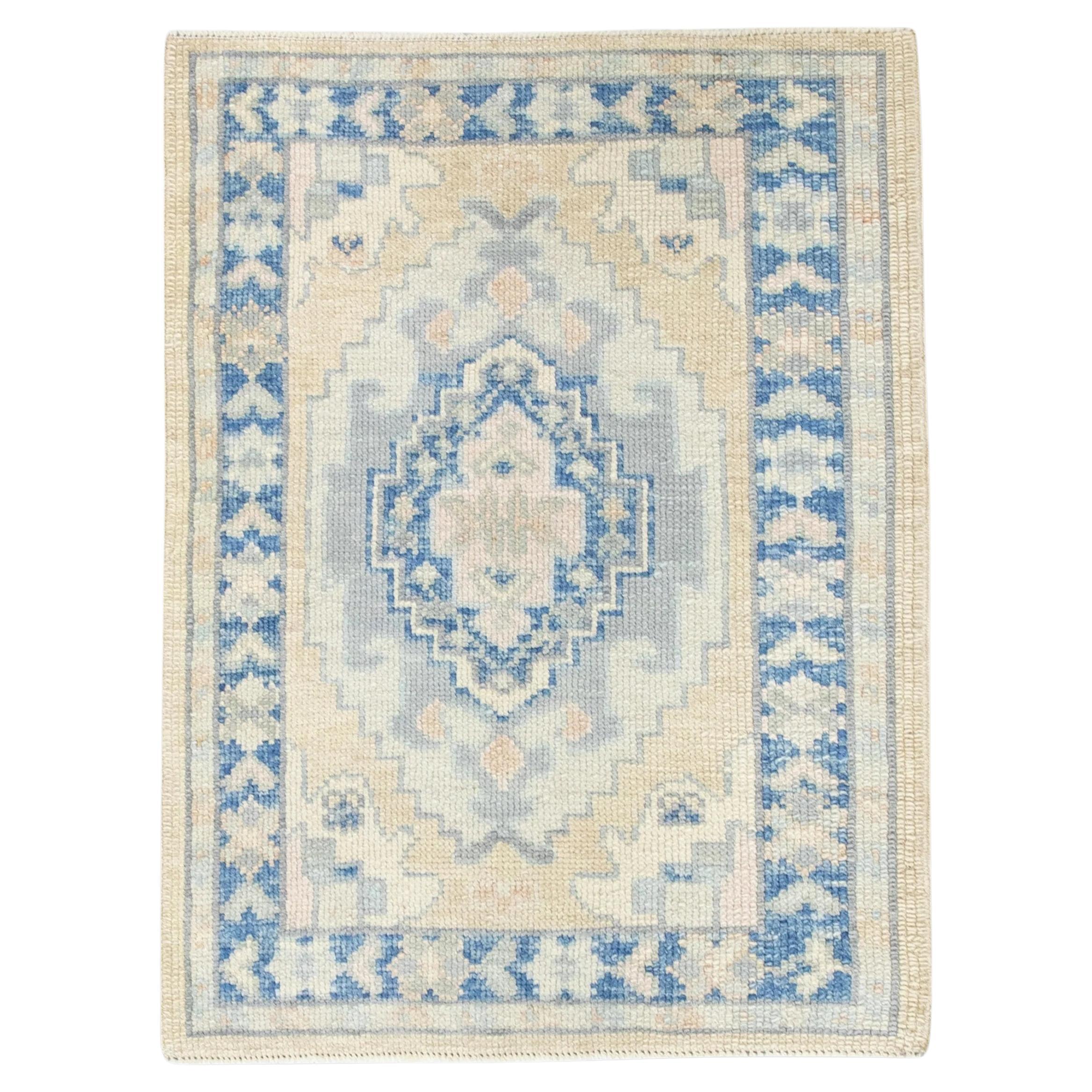 Blue and Yellow Geometric Design Handwoven Wool Turkish Oushak Rug 2'3" x 2'11" For Sale