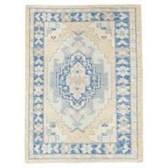 Blue and Yellow Geometric Design Handwoven Wool Turkish Oushak Rug 2'3" x 2'11"