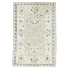 Blue Multicolor Floral Design Handwoven Wool Turkish Oushak Rug 2'2" x 3'2"