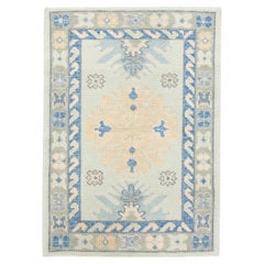 Blue and Apricot Geometric Design Handwoven Wool Turkish Oushak Rug 2'3" x 3'1"