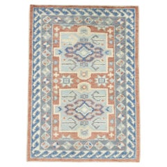 Red and Blue Geometric Design Handwoven Wool Turkish Oushak Rug 2'4" x 3'2"