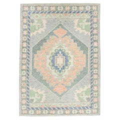 Green & Pink Geometric Medallion Design Handwoven Wool Turkish Oushak Rug 2'2x3'