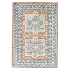 Blue and Red Geometric Pattern Handwoven Wool Turkish Oushak Rug 2'4" x 3'4"