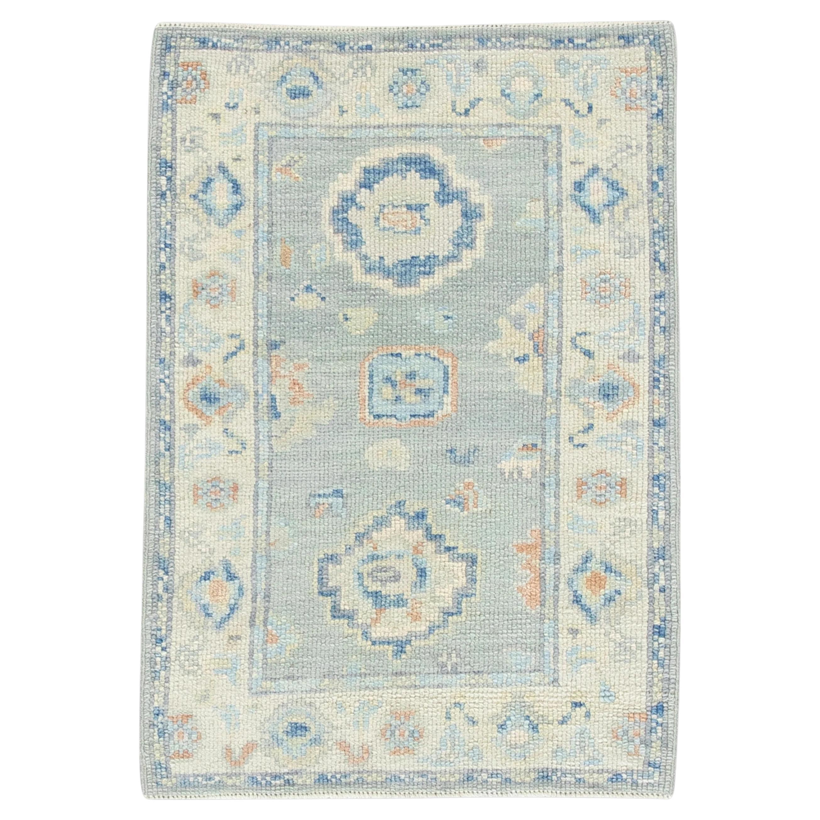 Blue Handwoven Wool Turkish Oushak Rug in Salmon Floral Design 2'1" x 3' For Sale