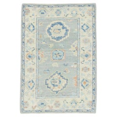 Blue Handwoven Wool Turkish Oushak Rug in Salmon Floral Design 2'1" x 3'