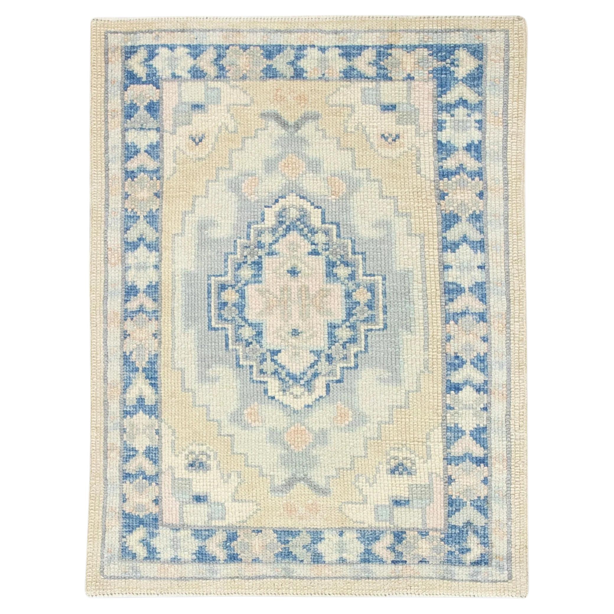 Blue and Yellow Geometric Handwoven Wool Turkish Oushak Rug 2'4" x 3'1"