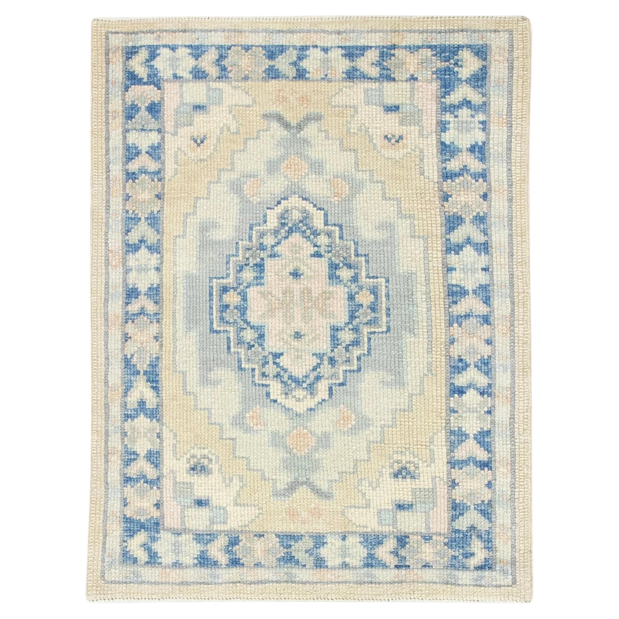 Blue and Yellow Geometric Handwoven Wool Turkish Oushak Rug 2'4" x 3'1" For Sale