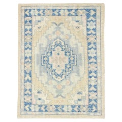 Blue and Yellow Geometric Handwoven Wool Turkish Oushak Rug 2'4" x 3'1"