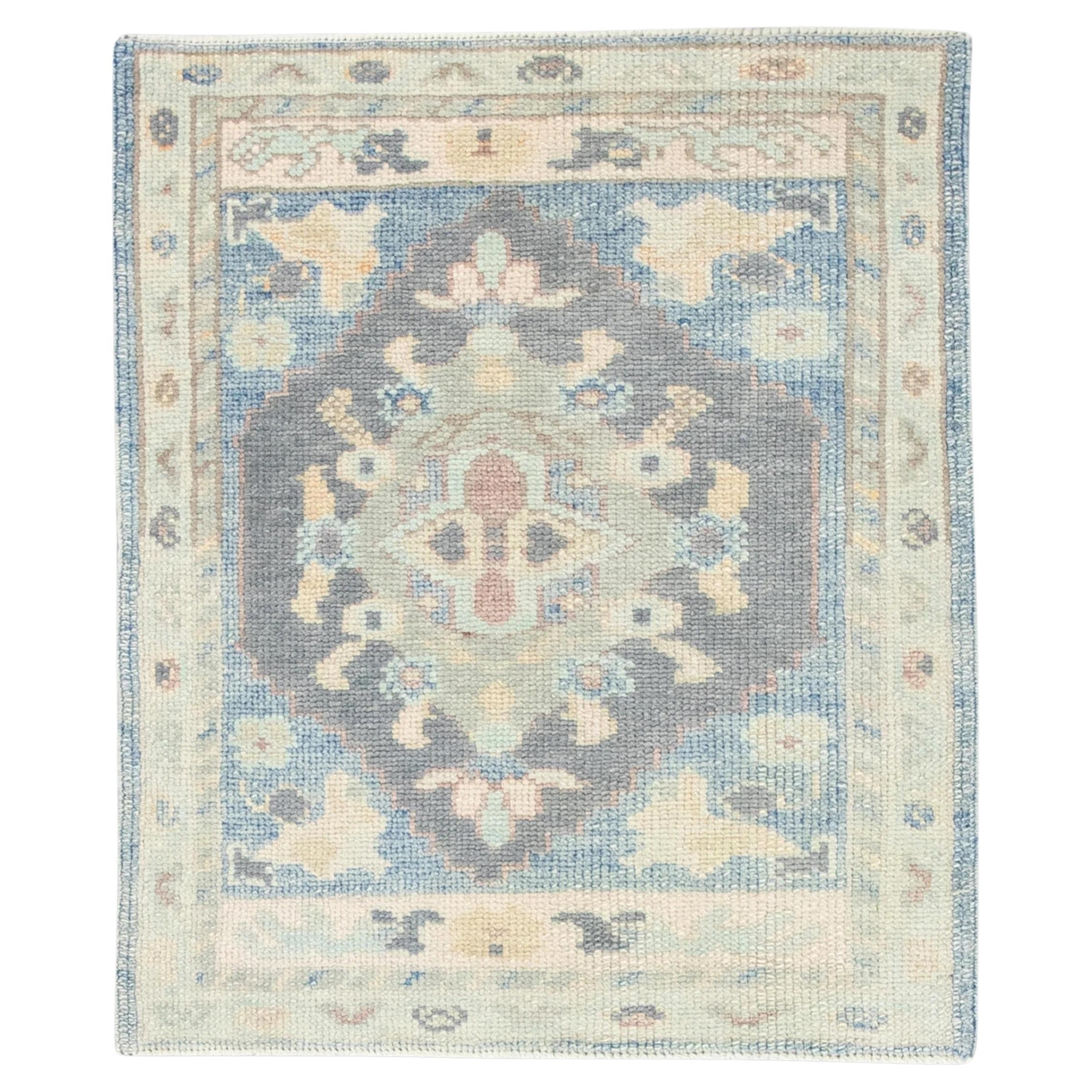 Blue Multicolor Floral Handwoven Wool Turkish Oushak Rug 2'4" x 2'9" For Sale