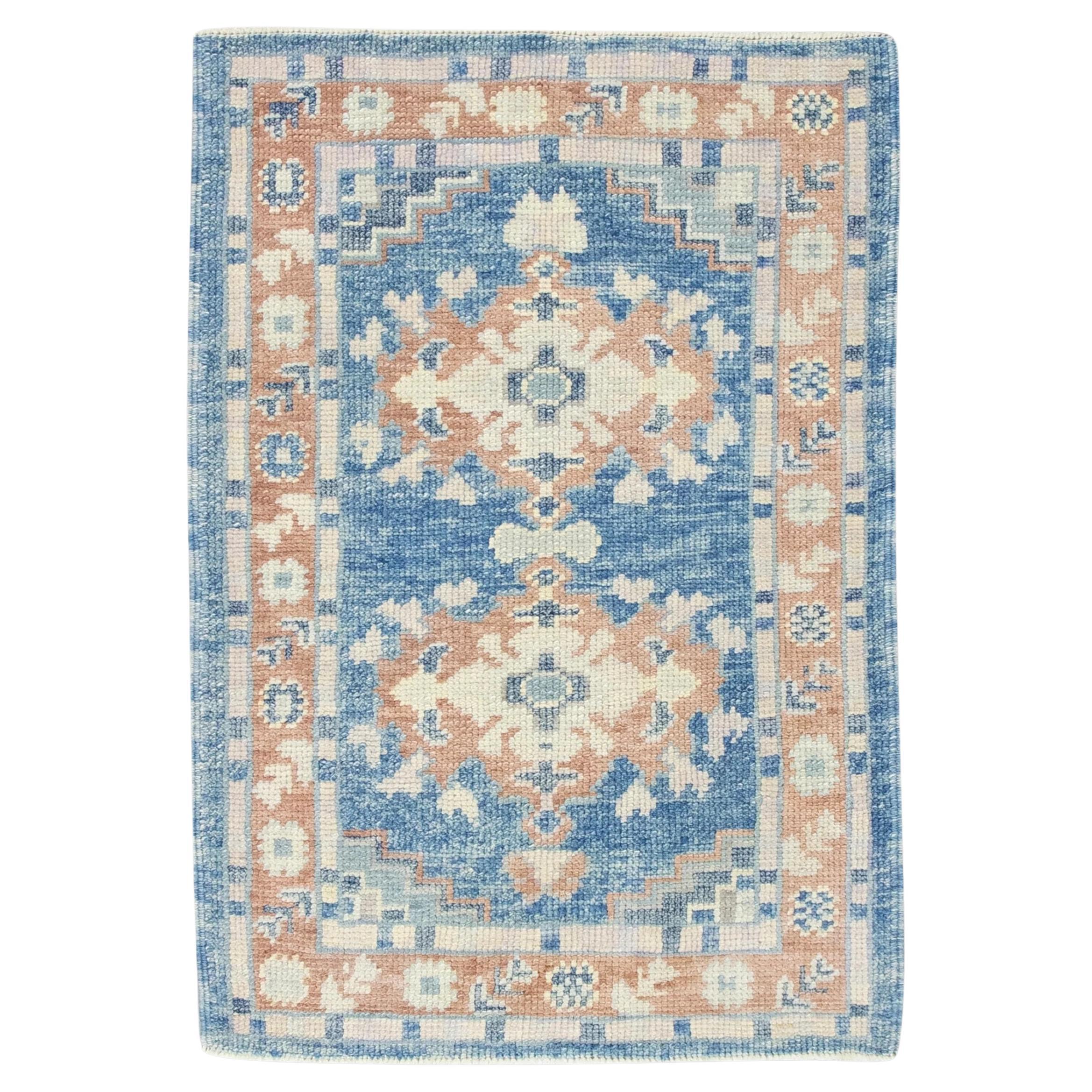 Blue and Salmon Floral Design Handwoven Wool Turkish Oushak Rug 2'4" x 3'3" For Sale