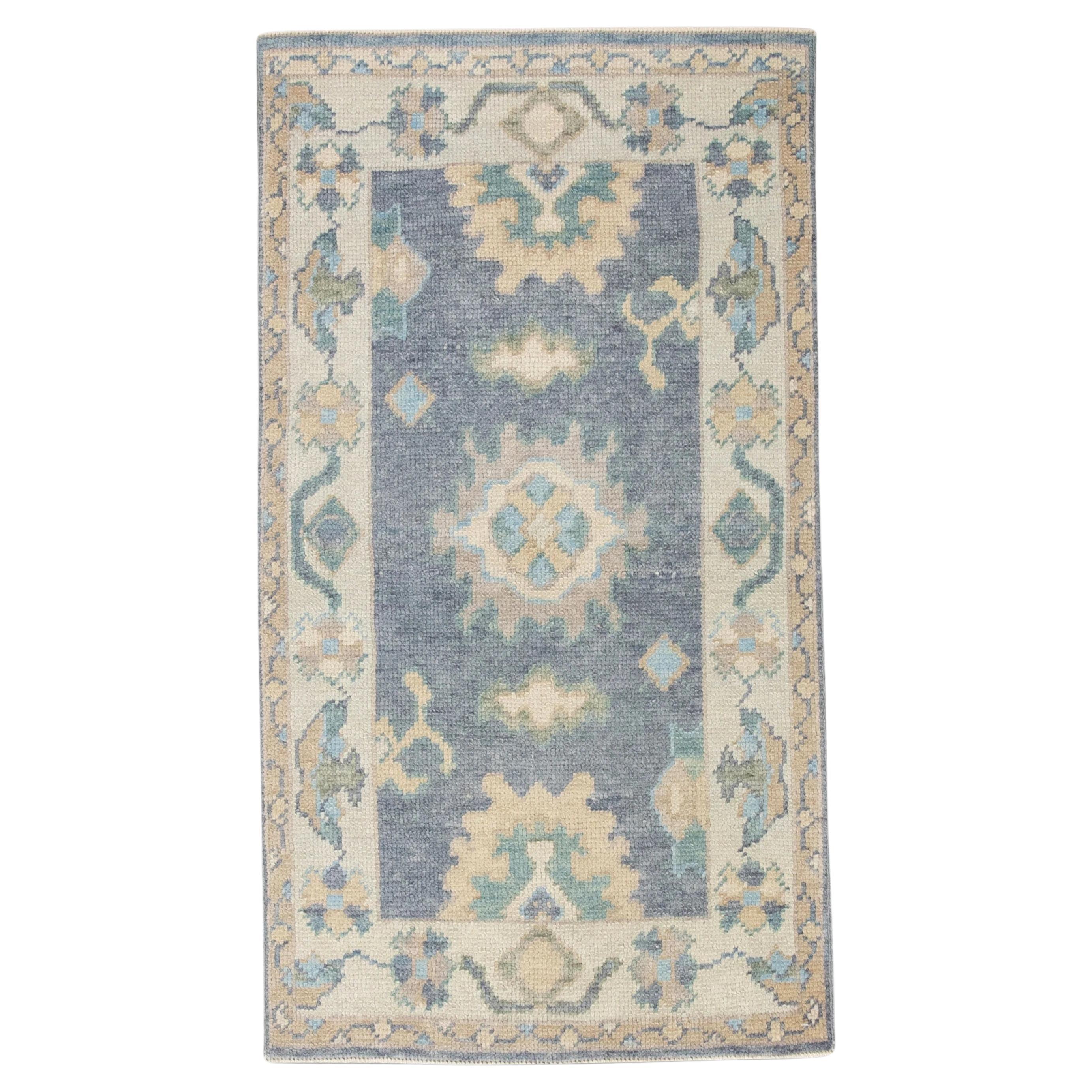 Floral Handwoven Wool Turkish Oushak Rug in Gray, Blue, & Orange 2'3" x 4'2" For Sale