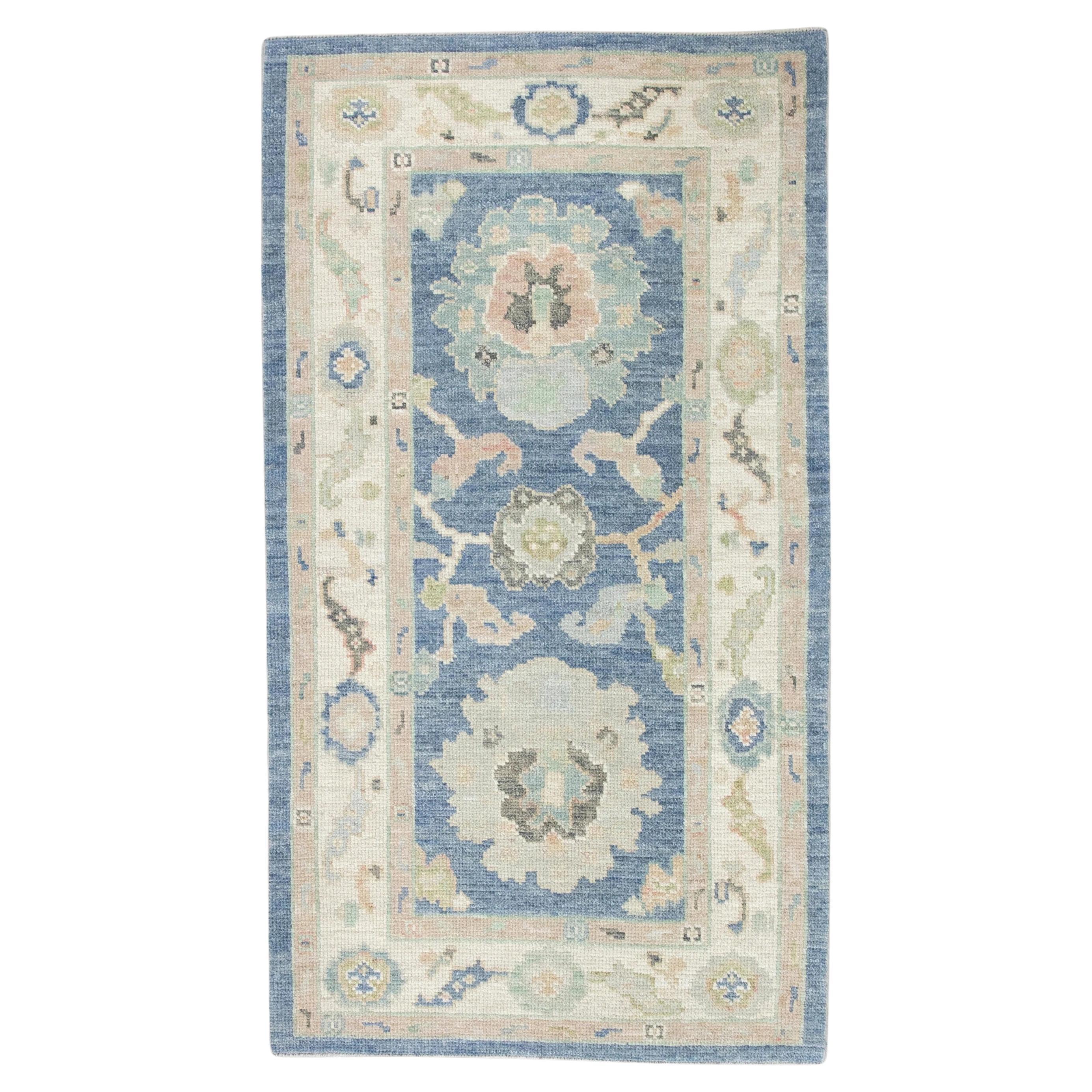 Blue and Pink Floral Handwoven Wool Turkish Oushak Rug 2'10" x 5'3" For Sale