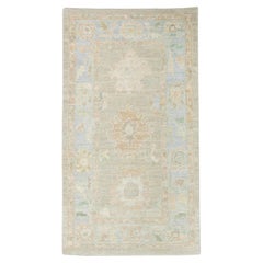 Brown and Blue Floral Design Handwoven Wool Turkish Oushak Rug 3' x 5'5"