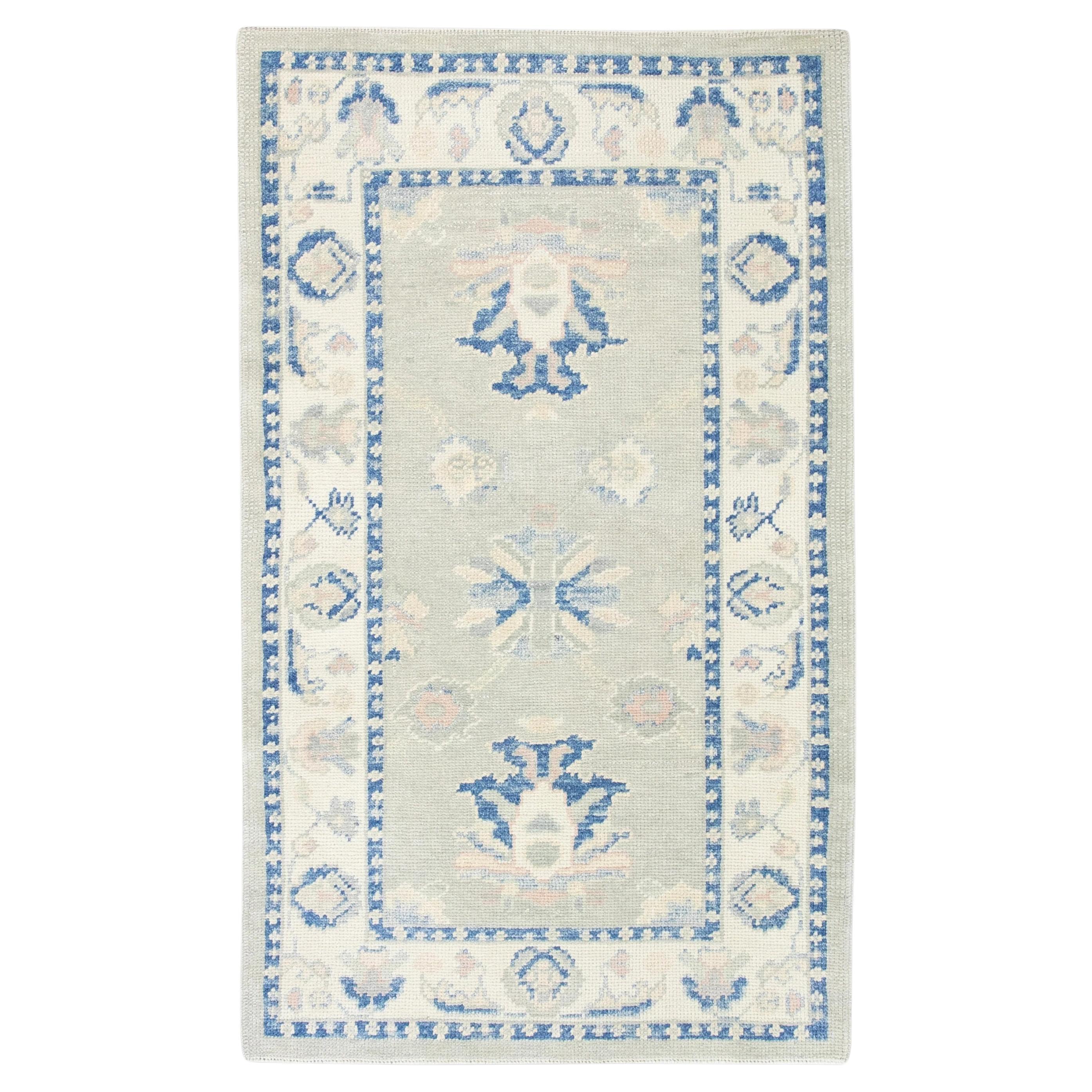 Green Handwoven Wool Turkish Oushak Rug in Blue Floral Pattern 3' x 4'11"
