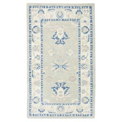 Green Handwoven Wool Turkish Oushak Rug in Blue Floral Pattern 3' x 4'11"