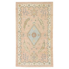 Salmon Pink Geometric Design Handwoven Wool Turkish Oushak Rug 3'1" x 5'4"