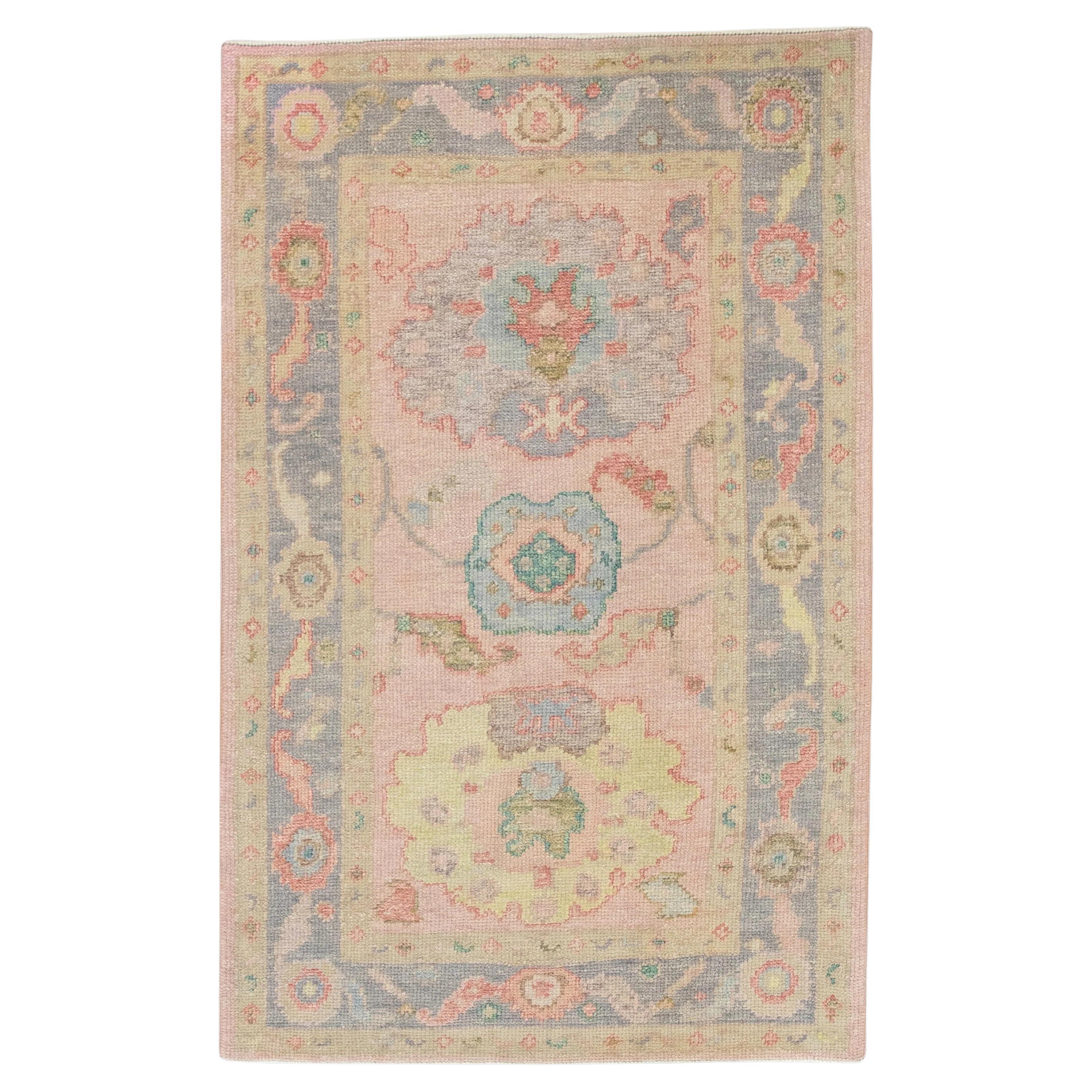 Pink and Purple Floral Handwoven Wool Turkish Oushak Rug 3'1" x 4'8" For Sale