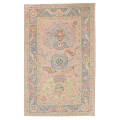 Pink and Purple Floral Handwoven Wool Turkish Oushak Rug 3'1" x 4'8"