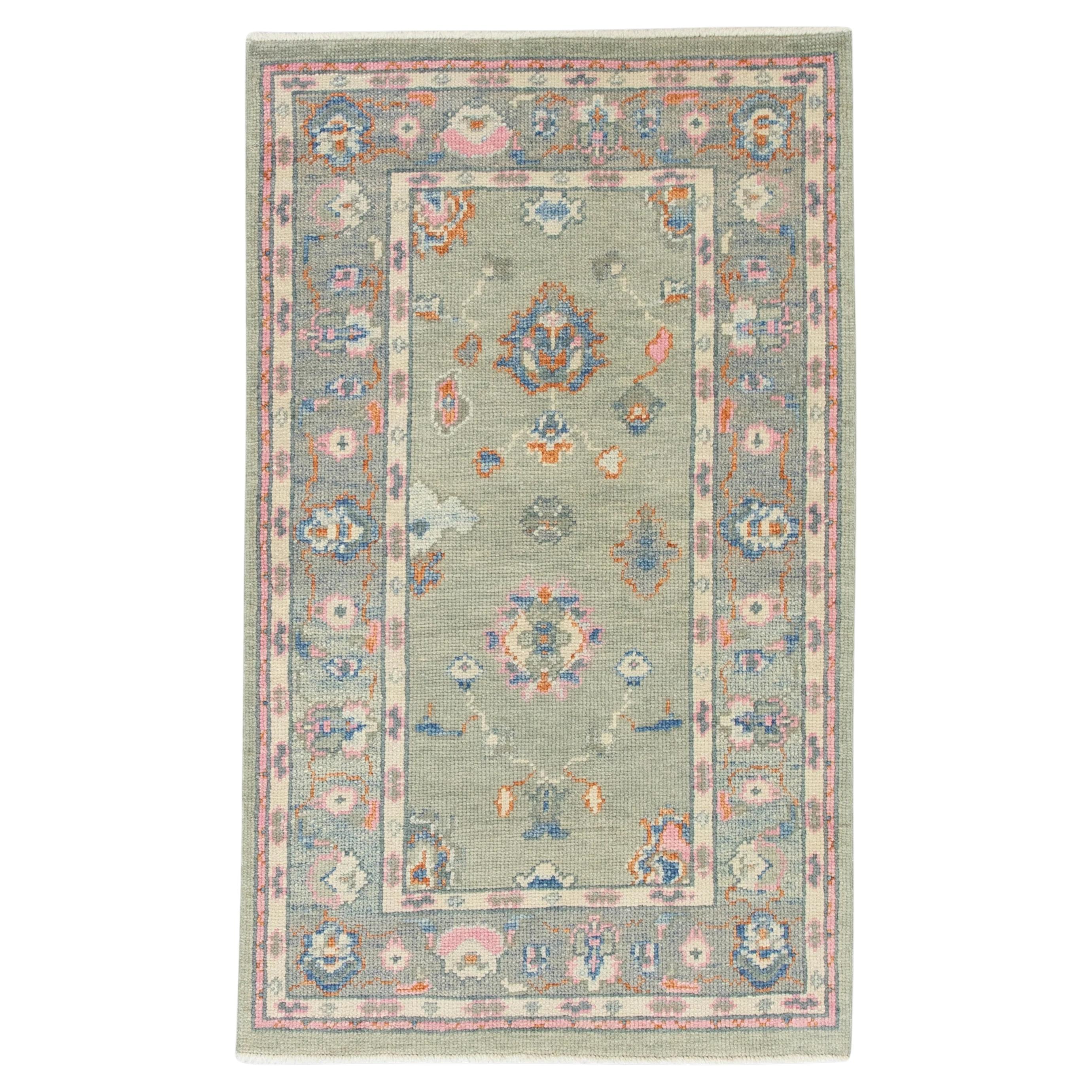 Green and Pink Floral Handwoven Wool Turkish Oushak Rug 2'11" x 4'11"