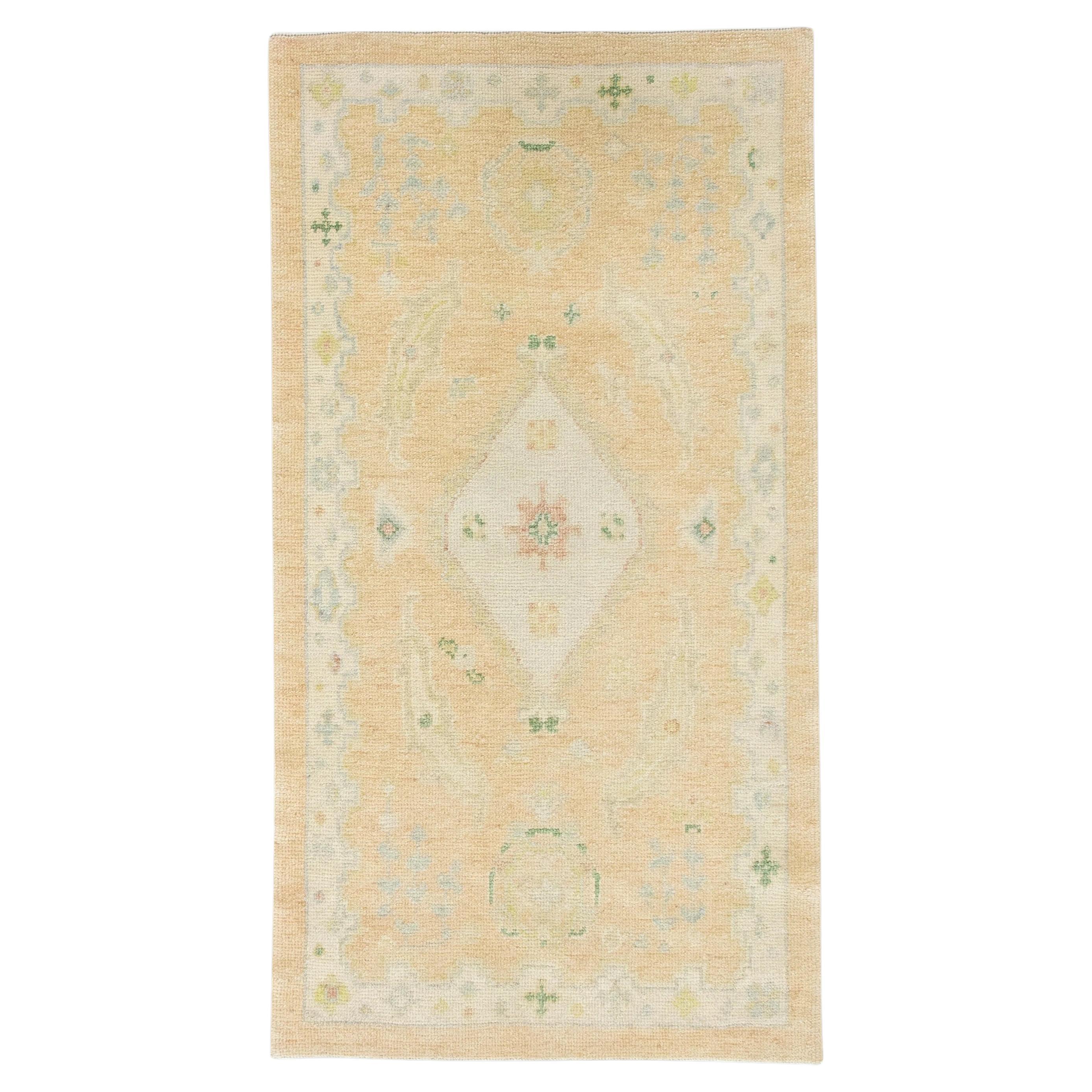 Yellow Floral Handwoven Wool Turkish Oushak Rug 3'1" x 5'6" For Sale