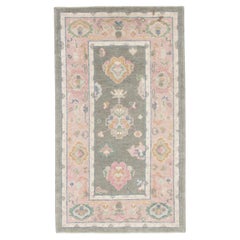 Gray and Pink Handwoven Wool Turkish Oushak Rug in Floral Pattern 3'1" x 5'4"