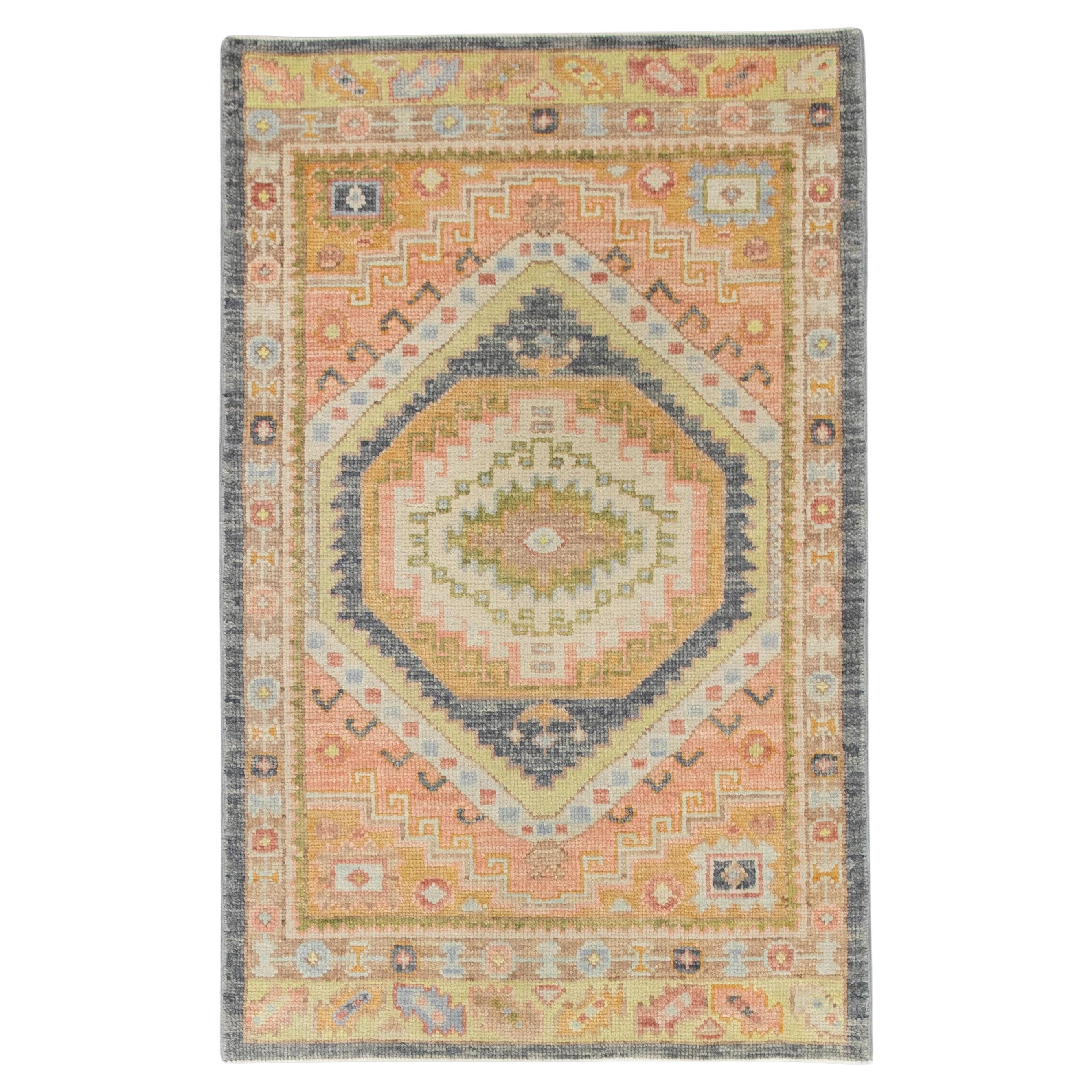 Pink Handwoven Wool Turkish Oushak Rug in Colorful Geometric Design 3