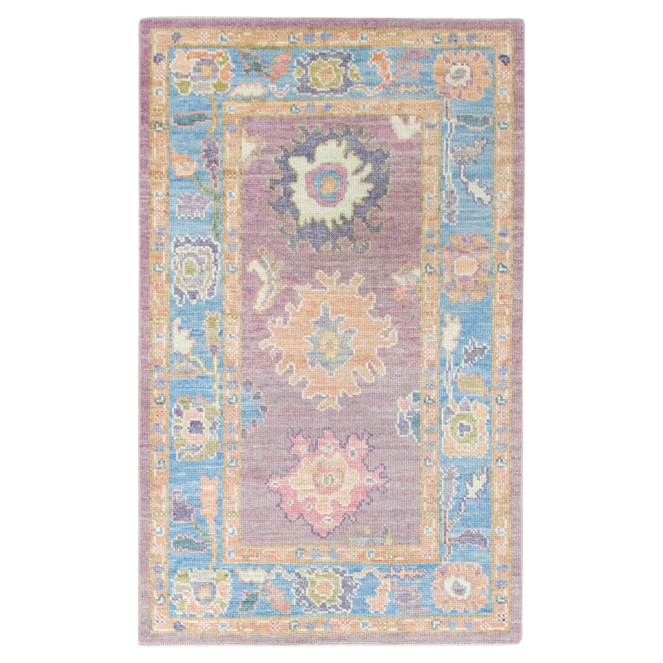 Colorful Purple Handwoven Wool Turkish Oushak Rug in Floral Design 3' x 5' For Sale