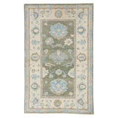 Green and Blue Handwoven Wool Turkish Oushak Rug in Floral Design 3'1" x 4'9"