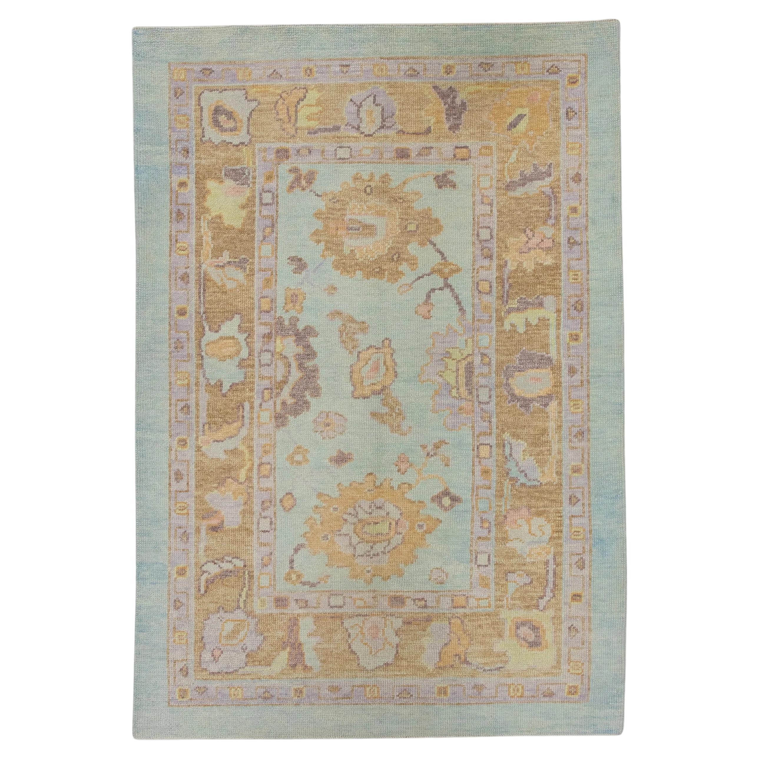 Blue and Pink Floral Handwoven Wool Turkish Oushak Rug 4'1" x 6'1"
