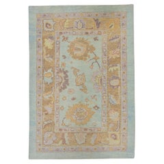 Blue and Pink Floral Handwoven Wool Turkish Oushak Rug 4'1" x 6'1"