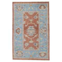 Red and Baby Blue Floral Handwoven Wool Turkish Oushak Rug 4' x 6'2"