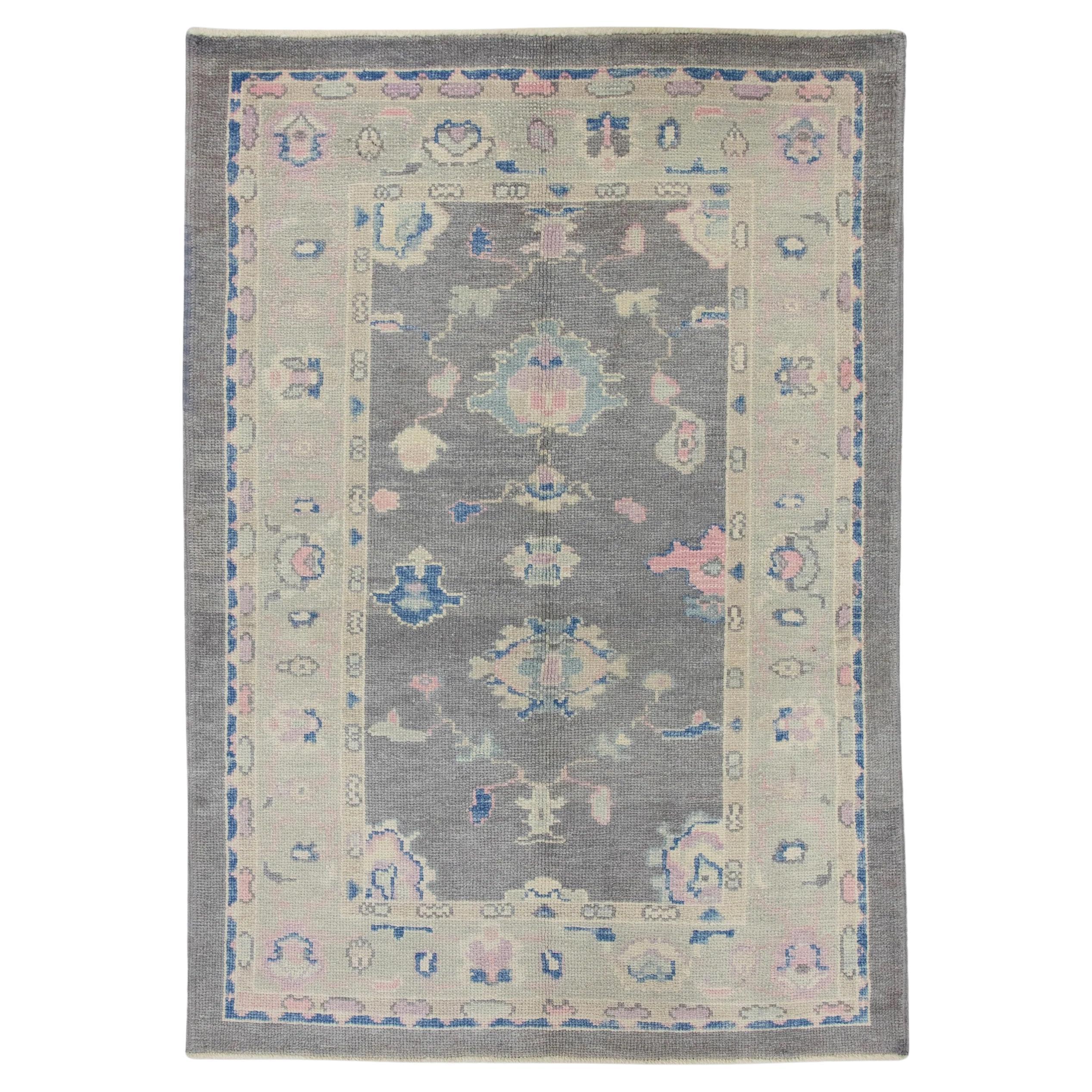 Dark Mauve Handwoven Wool Turkish Oushak Rug in Colorful Floral Design 4' x 5'11 For Sale