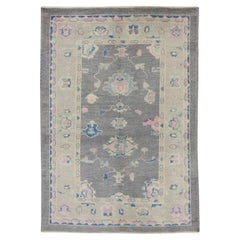 Dark Mauve Handwoven Wool Turkish Oushak Rug in Colorful Floral Design 4' x 5'11