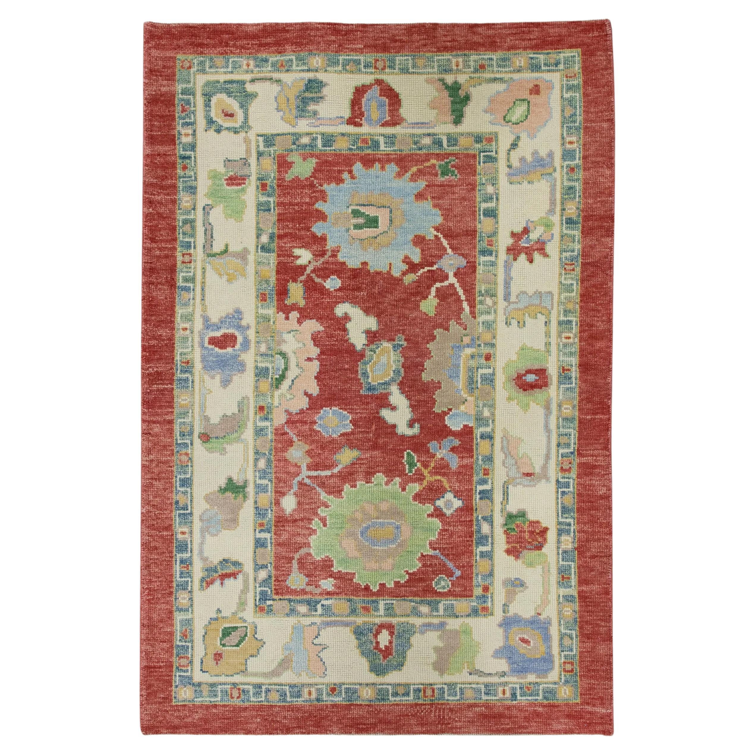 Red Handwoven Wool Turkish Oushak Rug in Blue & Green Floral Design 4'3" x 6'4"