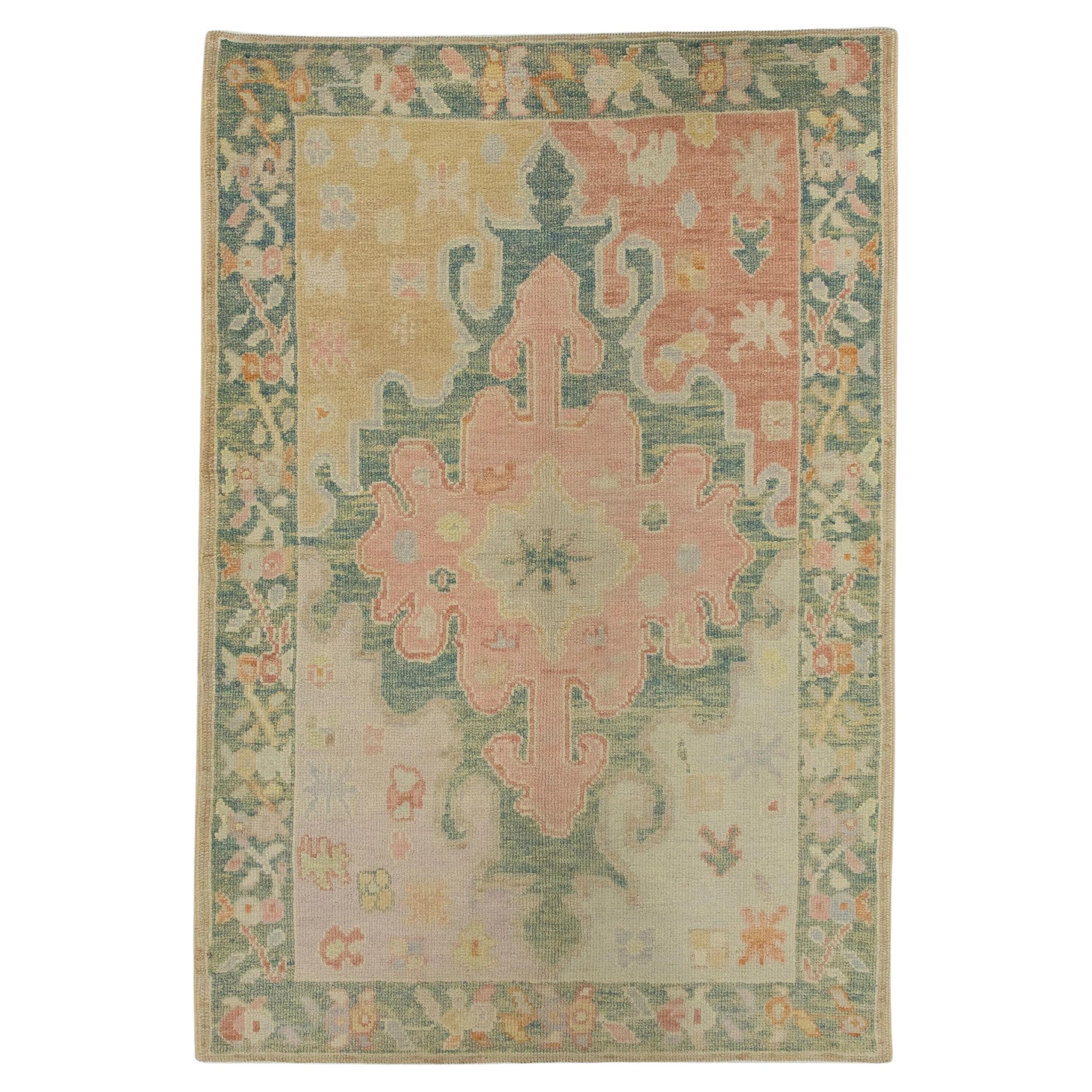 Green and Pink Floral Handwoven Wool Turkish Oushak Rug 4'1" x 6'1" For Sale