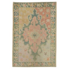 Green and Pink Floral Handwoven Wool Turkish Oushak Rug 4'1" x 6'1"