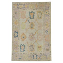 Pink Handwoven Wool Turkish Oushak Rug in Multicolor Floral Pattern 3'10" x 5'8"