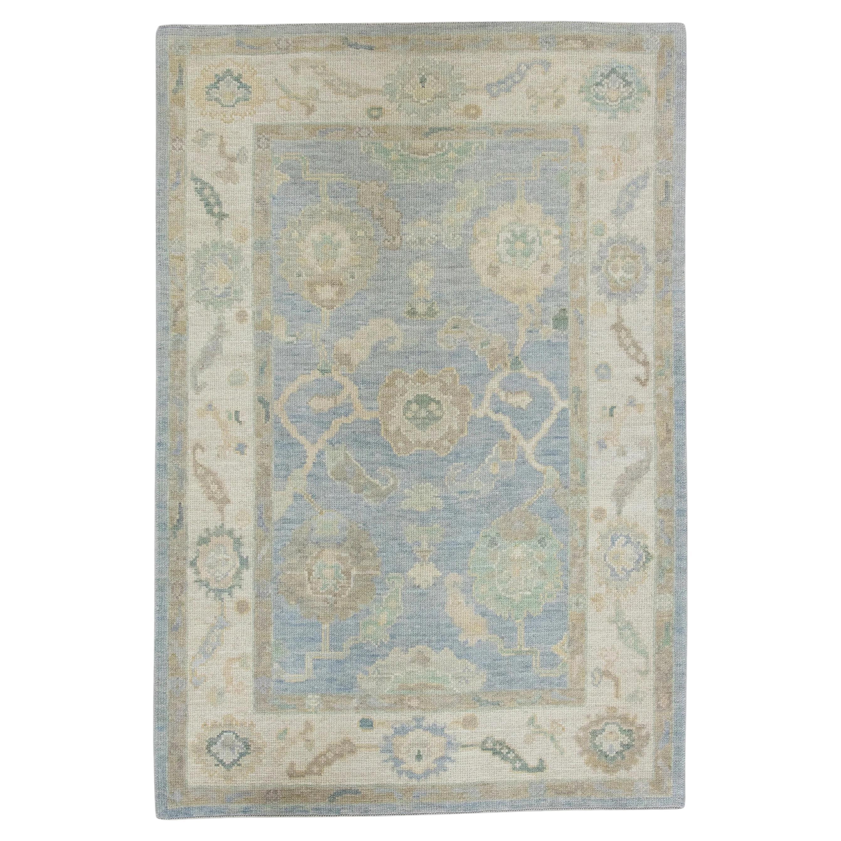 Blue Handwoven Wool Turkish Oushak Rug in Multicolor Floral Pattern 4'1" x 6'