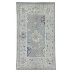 Handwoven Wool Floral Turkish Oushak Rug in Shades of Blue 3'8" x 6'2"