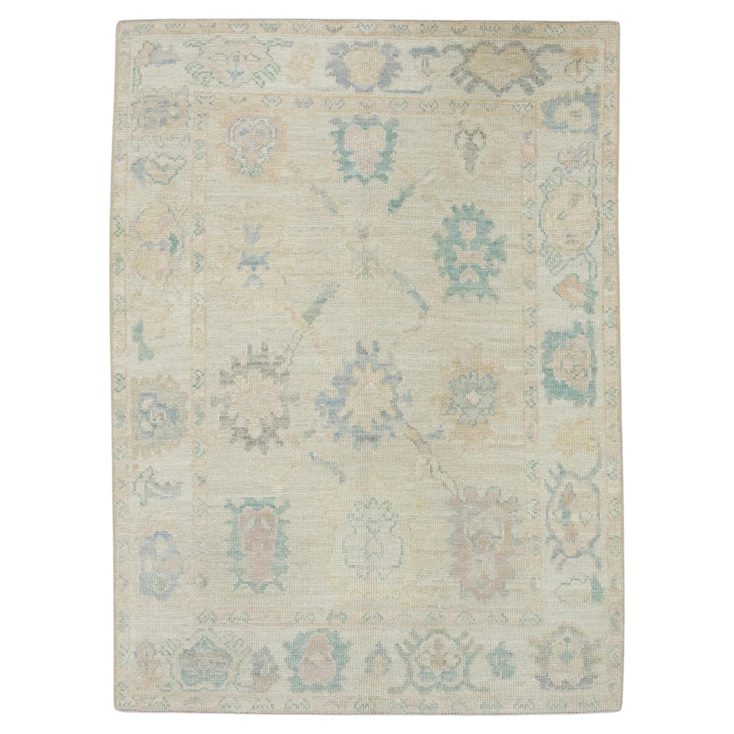 Multicolor Handwoven Wool Turkish Oushak Rug in Floral Design 4' x 5'9"