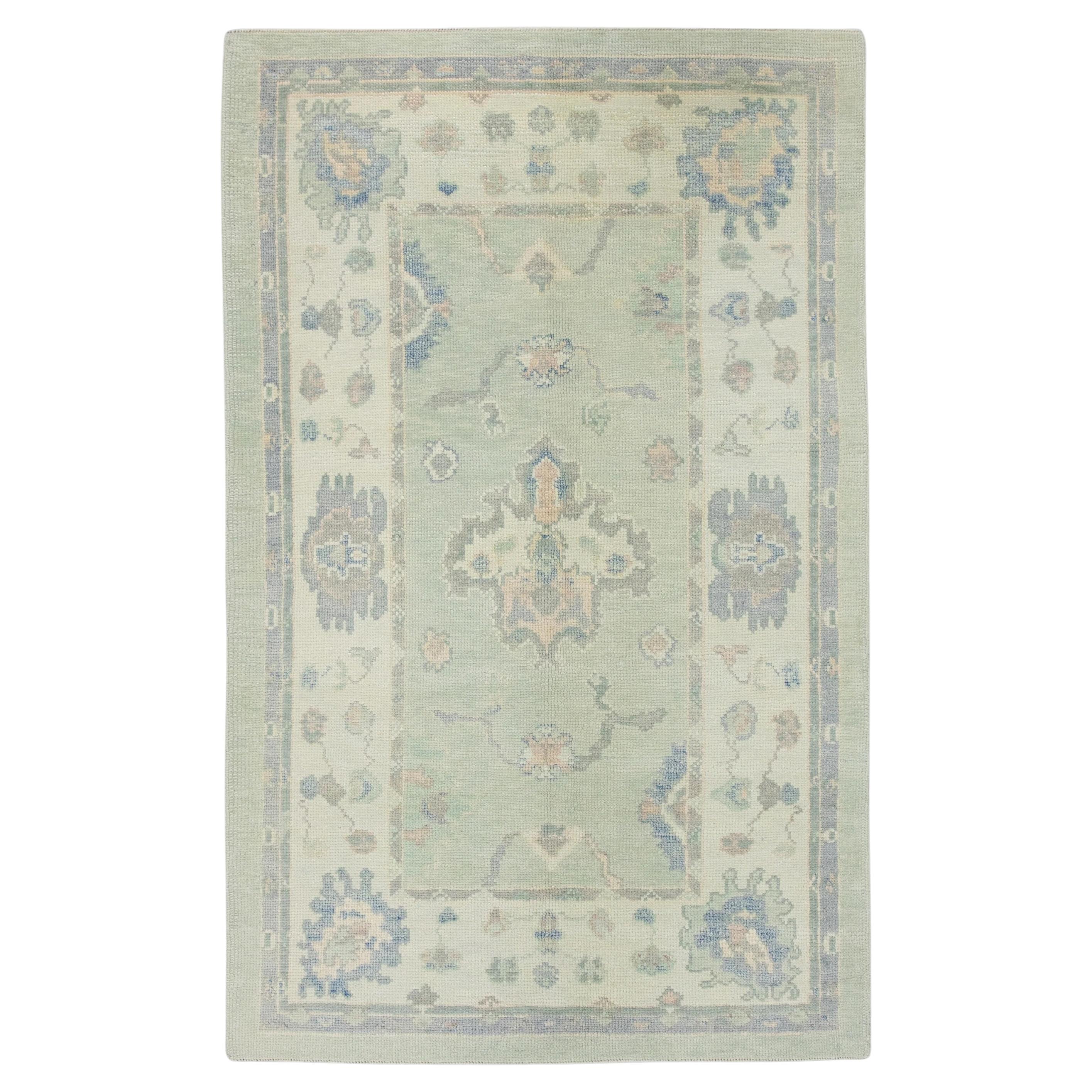 Green and Blue Handwoven Wool Floral Pattern Turkish Oushak Rug 4' x 6'2"