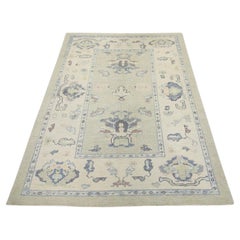 Handwoven Wool Turkish Oushak Rug in Green, Blue, 
Pink Floral Design 4
 x 5
9"