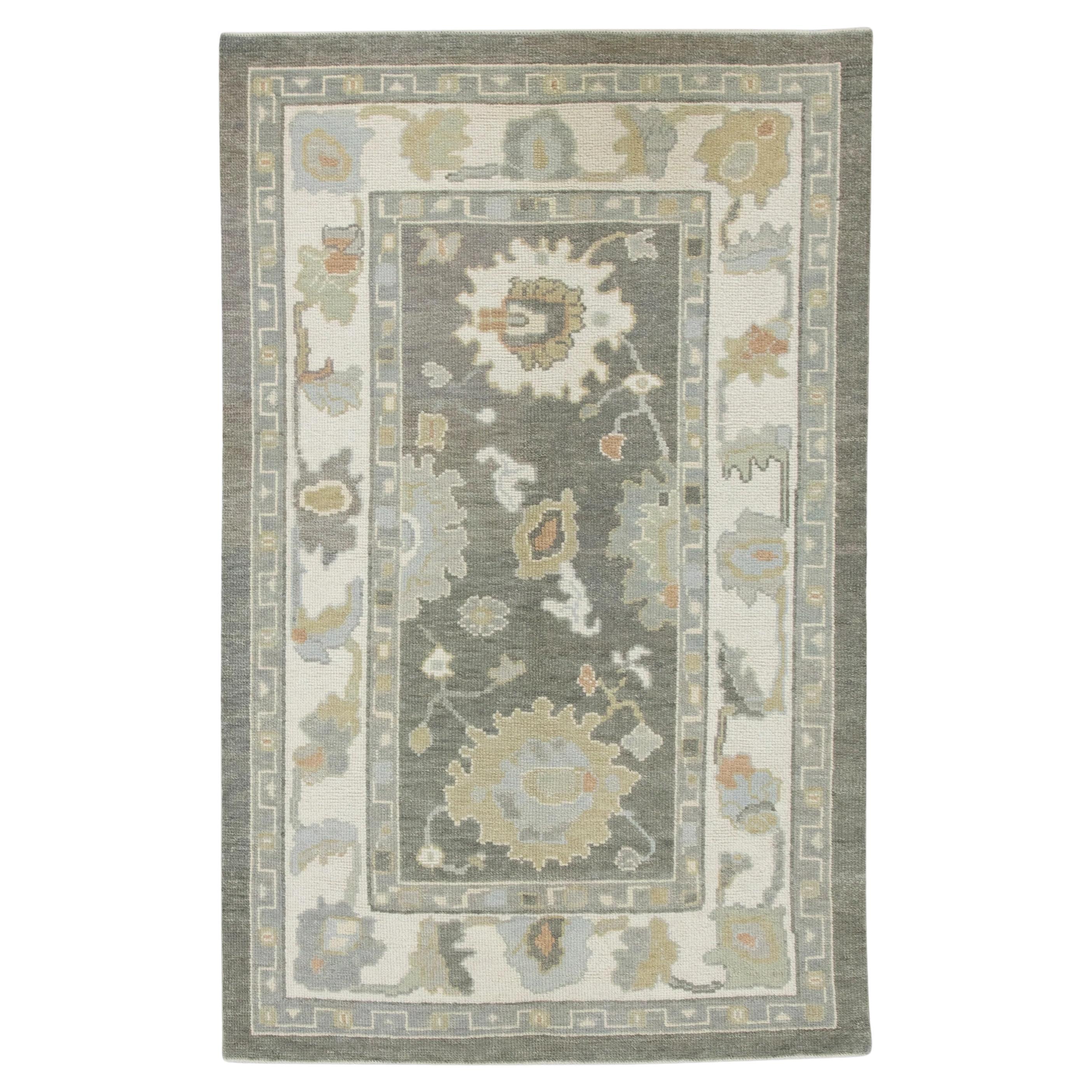 Green Floral Pattern Handwoven Wool Turkish Oushak Rug 3'9" x 6'1" For Sale