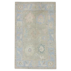 Brown and Blue Floral Handwoven Wool Turkish Oushak Rug 4'2" x 6'9"