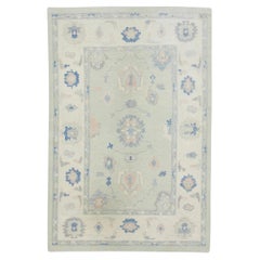 Celadon Green and Blue Floral Handwoven Wool Turkish Oushak Rug 5' x 6'11"