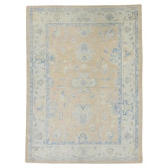 Yellow Handwoven Wool Turkish Oushak Rug with Blue Floral Pattern 5' x 7'