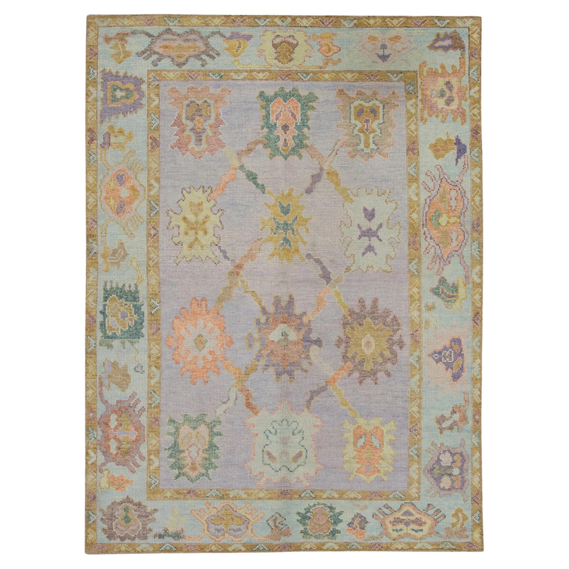 Purple Colorful Floral Handwoven Wool Turkish Oushak Rug 4'10" x 6'3" For Sale
